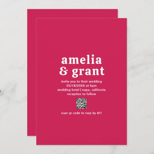 Invitation Police rétro Hot rose QR Code moderne Mariage (Devant / Derrière)