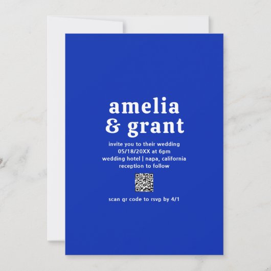 Invitation Police Rétro Royal Blue QR Code Moderne Mariage (Devant)