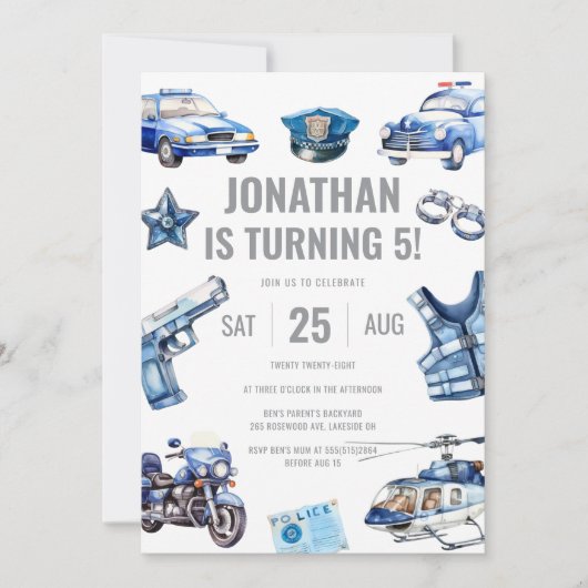 Invitation Policier garçons à thème 5e fête d'anniversaire (Devant)