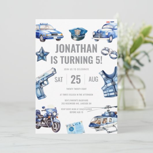 Invitation Policier garçons à thème 5e fête d'anniversaire (Debout devant)