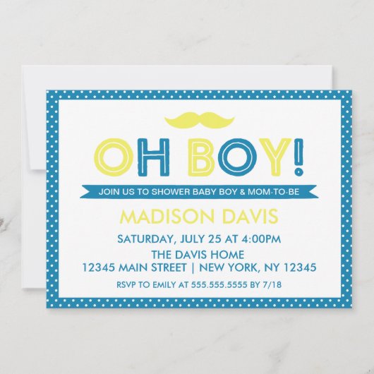 Invitation Polka bleu et jaune Point Oh Baby shower garçon (Devant)