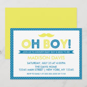 Invitation Polka bleu et jaune Point Oh Baby shower garçon (Devant / Derrière)