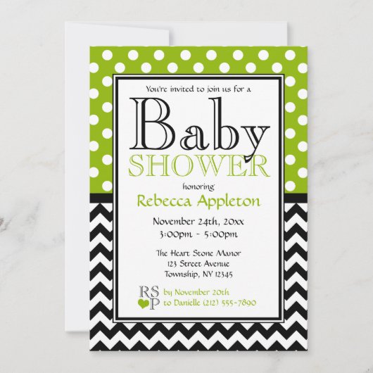 Invitation Polka Dot Apple Green et Baby shower Chevron (Devant)