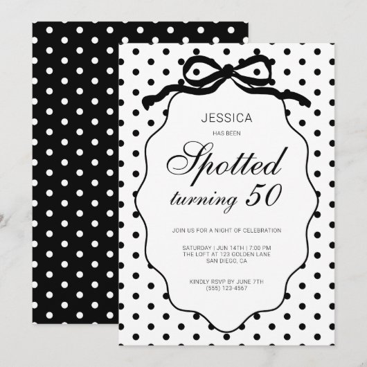 Invitation Polka Dot Bow Spotted Turning 50th Birthday Party (Devant / Derrière)