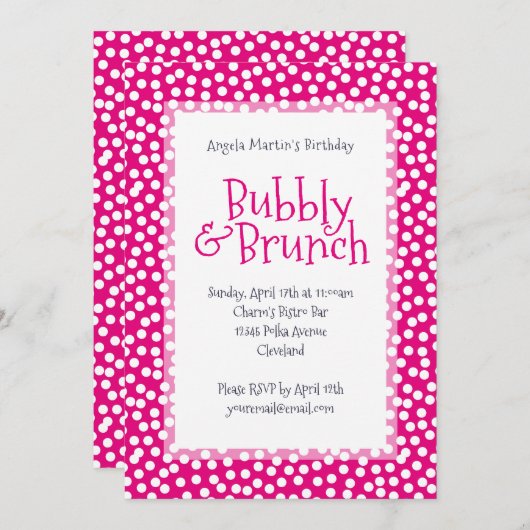 Invitation Polka Dot Bubbly et Brunch Hot Pink (Devant / Derrière)