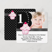 Invitation Polka Dot Cupcake Girls Photo 1er anniversaire (Devant / Derrière)