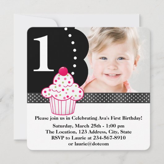 Invitation Polka Dot Cupcake Girls Photo 1er anniversaire (Devant)