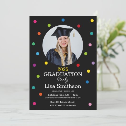 Invitation Polka Dot Graduation Confetti Colorful Party (Debout devant)