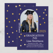 Invitation Polka Dot Graduation Confetti Marine Gold Photo (Devant / Derrière)