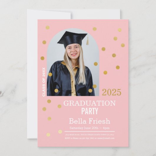 Invitation Polka Dot Graduation Confetti Pink Gold Photo (Devant)