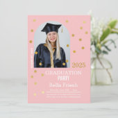 Invitation Polka Dot Graduation Confetti Pink Gold Photo (Debout devant)