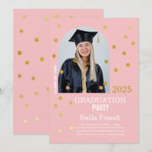 Invitation Polka Dot Graduation Confetti Pink Gold Photo (Devant / Derrière)