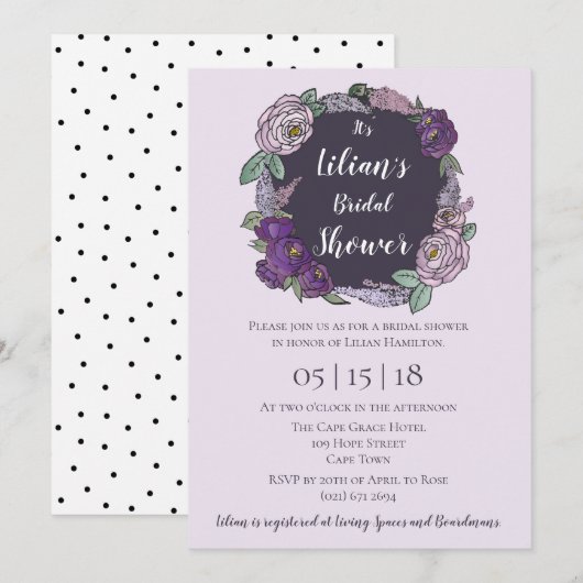 Invitation Polka Dot Lilac & Lavender Fête des mariées floral (Devant / Derrière)