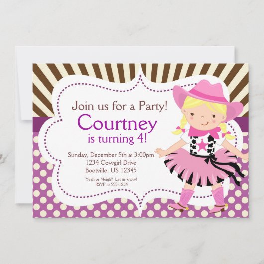 Invitation Polka Dot Little Cowgirl, fête d'anniversaire (Devant)