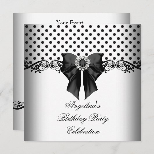 Invitation Polka Dot Noir Blanc fête d'anniversaire (Devant / Derrière)