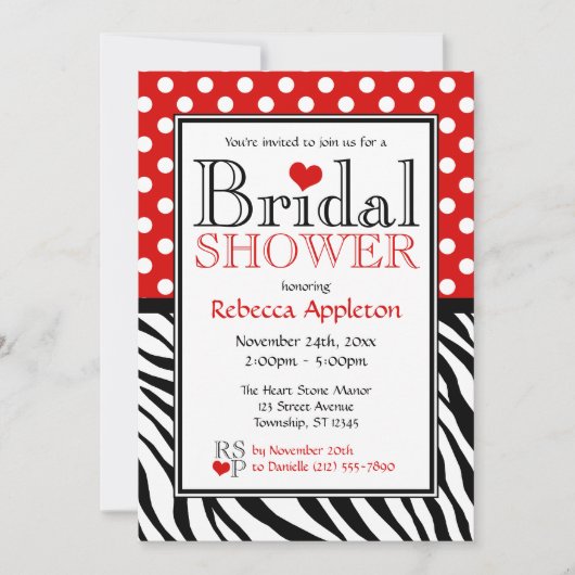 Invitation Polka Dot Red & Zebra Fête des mariées d'impressio (Devant)