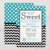 Invitation Polka Dot Turquoise & Chevron Sweet sixteen (Devant / Derrière)