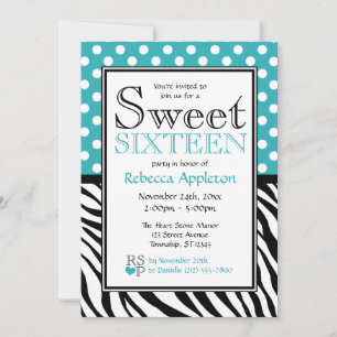 Invitation Polka Dot Turquoise & Zebra Print Sweet sixteen
