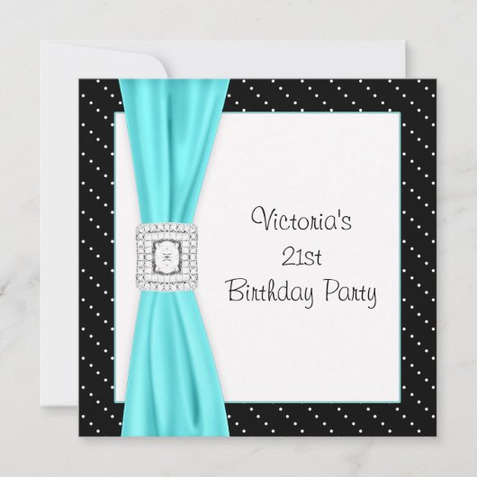 Invitation Polka noir blanc point Diamant Turquoise 21e anniv (Devant)