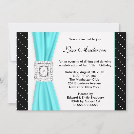 Invitation Polka noir blanc point Diamant Turquoise 50e anniv (Devant)