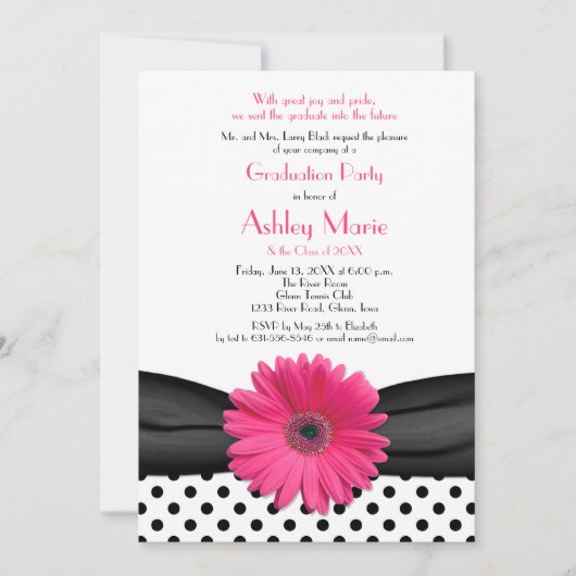 Invitation Polka Noir Blanc Point Rose Daisy Graduation (Devant)