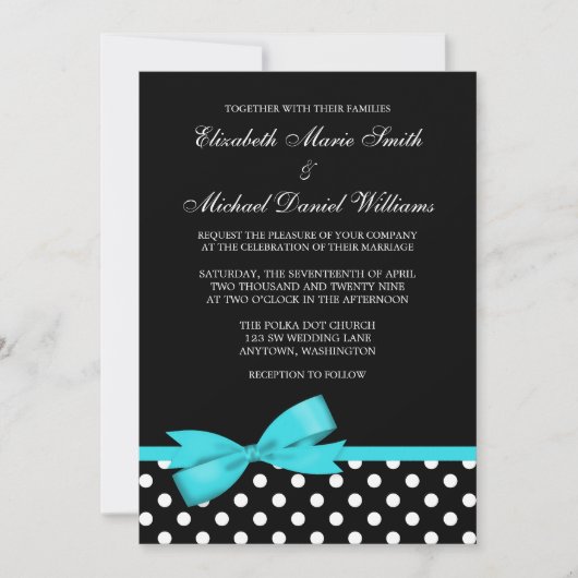 Invitation Polka noir blanc point Turquoise Faux Bow Mariage (Devant)