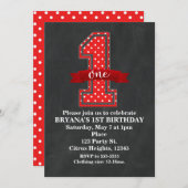 Invitation Polka rouge et blanc point 1 fête d'anniversaire (Devant / Derrière)