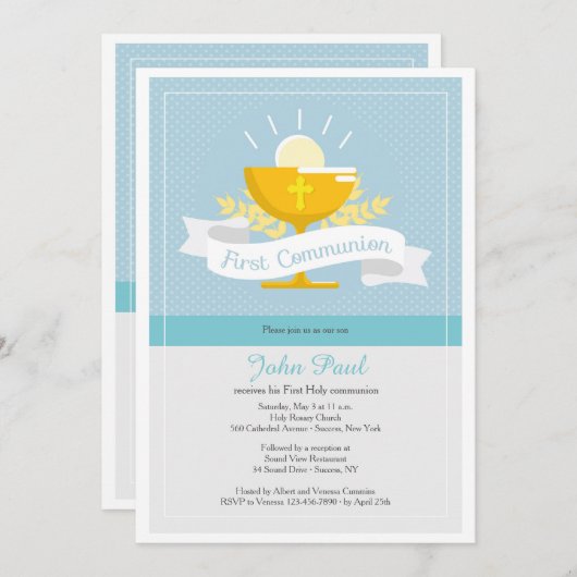 Invitation Polkadot bleu première communion (Devant / Derrière)