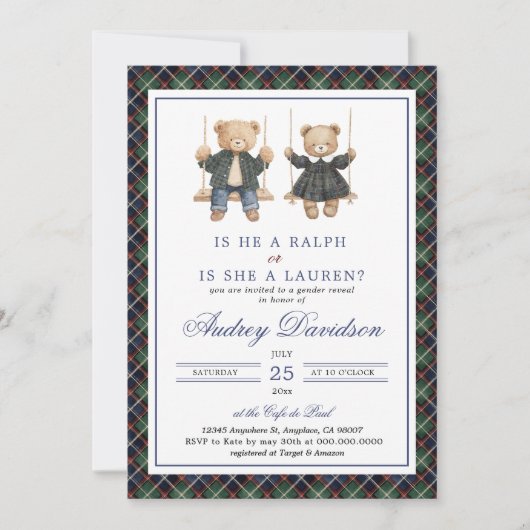 Invitation Polo Gender Reveal Tartan Plaid (Devant)