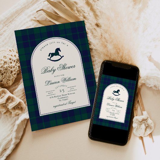 Invitation Polo Jouet Vintage Baby shower préppy Plaid