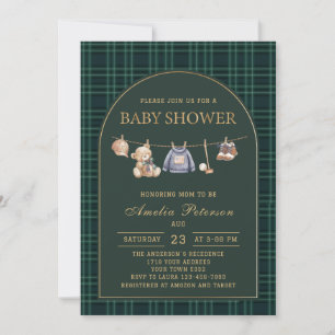 Invitation Polo ours en tartan vintage Luxe Baby shower