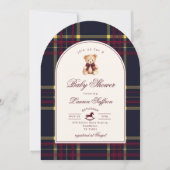 Invitation Polo Teddy Bear Vin Red plaid Arch Baby shower (Devant)