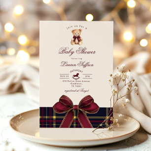 Invitation Polo Teddy Bear Vin Rouge plaid Baby shower d'hive
