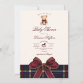 Invitation Polo Teddy Bear Vin Rouge plaid Baby shower d'hive (Devant)
