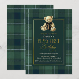 Invitation Polo Vert Vintage Payé et Ours en Peluche 1er Anni