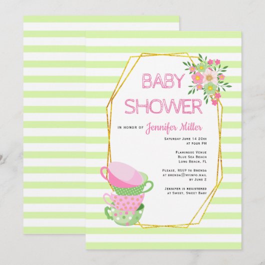 Invitation Polygon or et baby shower fleuri de fête du thé (Devant / Derrière)