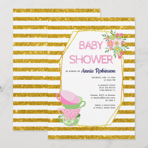 Invitation Polygon scintillant doré, baby shower floral sur l