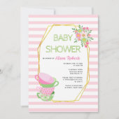 Invitation Polygone d'or, baby shower fleuri à thé rose (Devant)