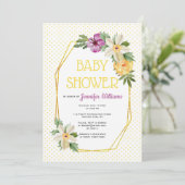 Invitation Polygone d'or, pois de fleurs baby shower floral (Debout devant)