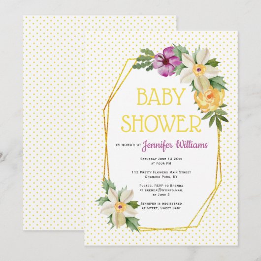 Invitation Polygone d'or, pois de fleurs baby shower floral (Devant / Derrière)