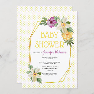 Invitation Polygone d'or, pois de fleurs baby shower floral