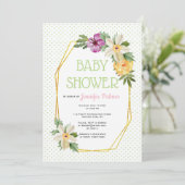 Invitation Polygone d'or, pois de fleurs baby shower floral (Debout devant)