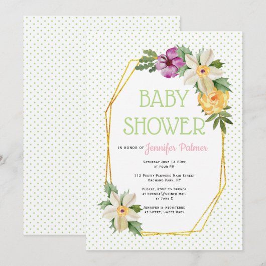 Invitation Polygone d'or, pois de fleurs baby shower floral (Devant / Derrière)