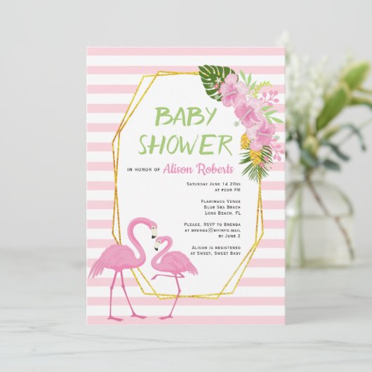 Invitation Polygone or, baby shower flamants roses (Debout devant)