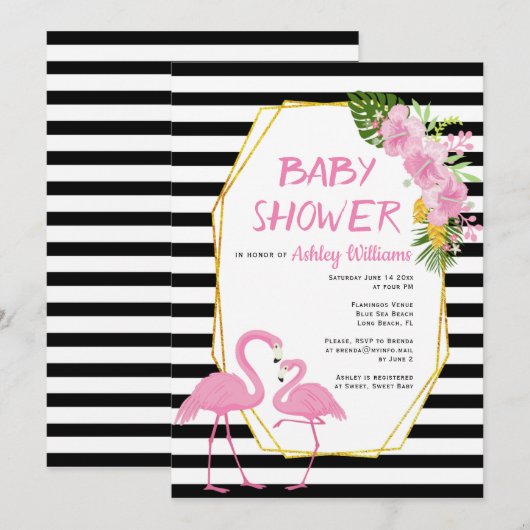 Invitation Polygone or et baby shower flamants roses (Devant / Derrière)
