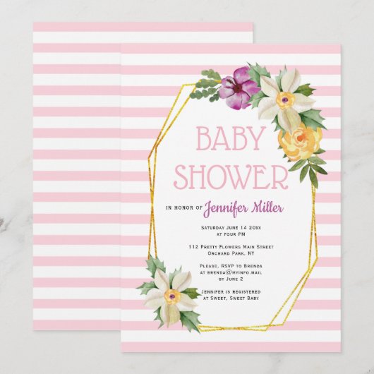 Invitation Polygone or et baby shower fleuri (Devant / Derrière)
