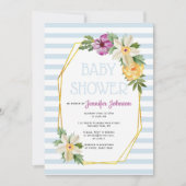 Invitation Polygone or et fleurs baby shower bleu fleuri (Devant)