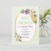 Invitation Polygone or et fleurs baby shower vert fleuri (Debout devant)