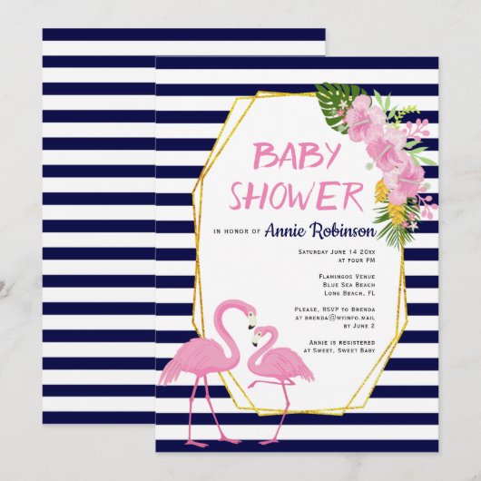 Invitation Polygone or, flamants roses baby shower bleu marin (Devant / Derrière)
