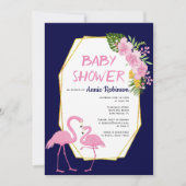 Invitation Polygone or, flamants roses baby shower bleu marin (Devant)